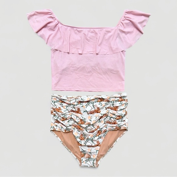 Kortni Jeane Other - Kortni Jeane Maternity Swimsuit Set, Tiger Print + Pink Top, Size large
